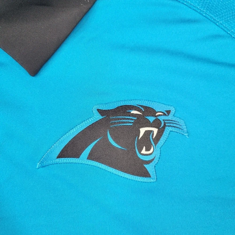 Nike Dri Fit Carolina Panthers Polo Shirt Mens 2XL Blue Short Sleeve Black Trim‎